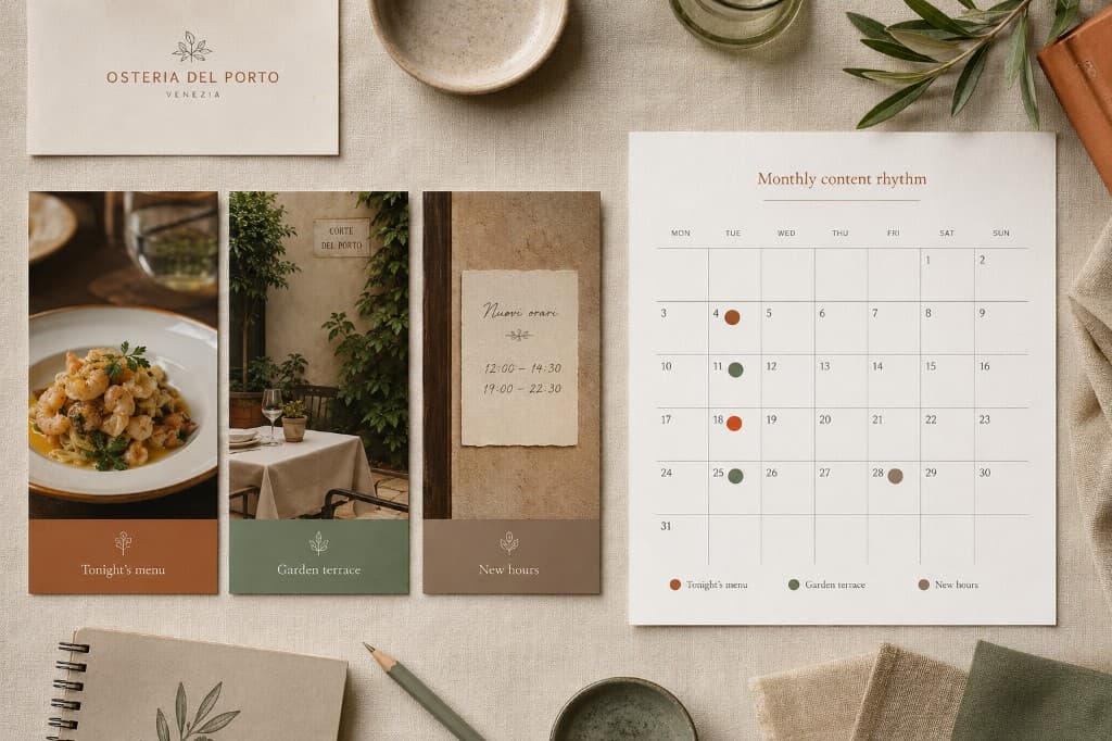 A monthly content calendar next to three branded post templates for a Venice osteria.
