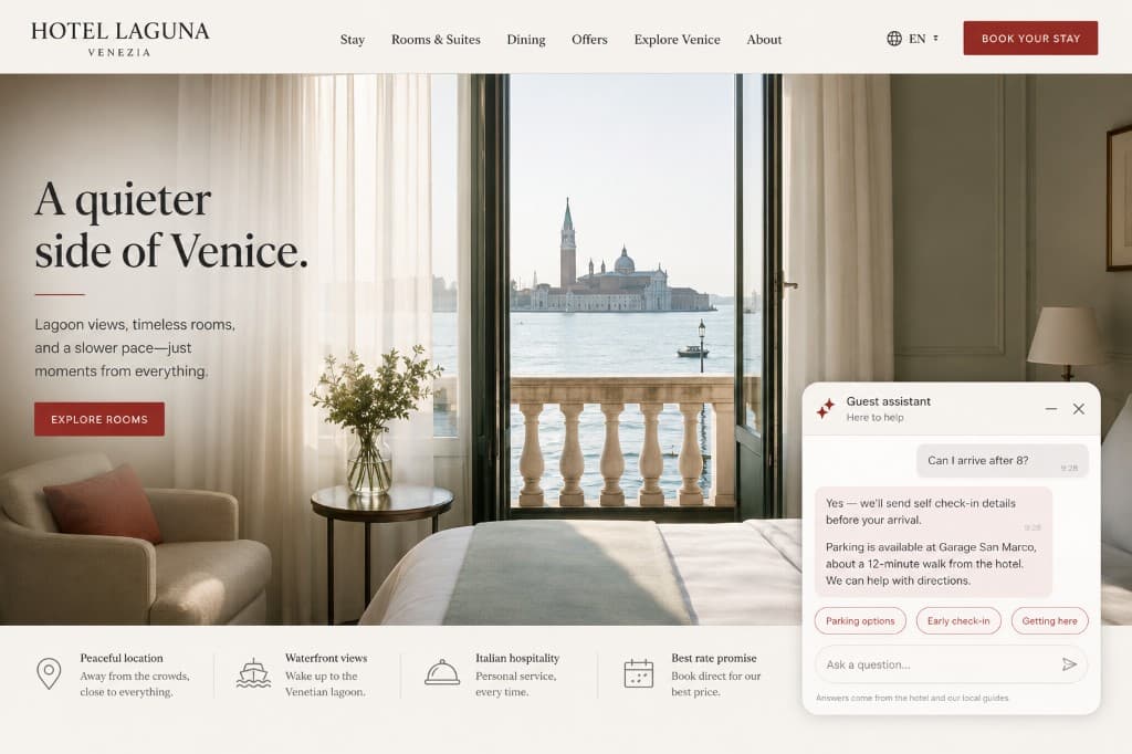 A hotel homepage with a lagoon view and a guest-assistant chat window answering a check-in question.
