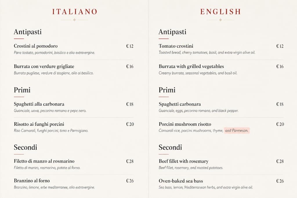 A restaurant menu shown side by side in Italian and English with matching layout.