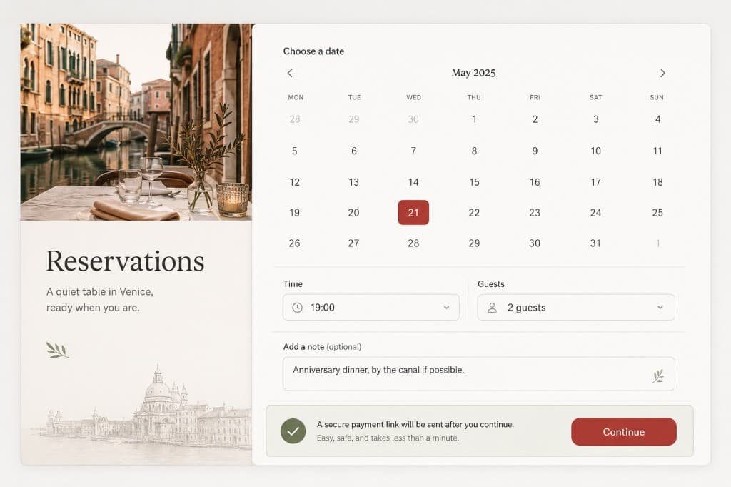 A reservation flow with a calendar, time and guest selector, notes field, and a secure payment link.