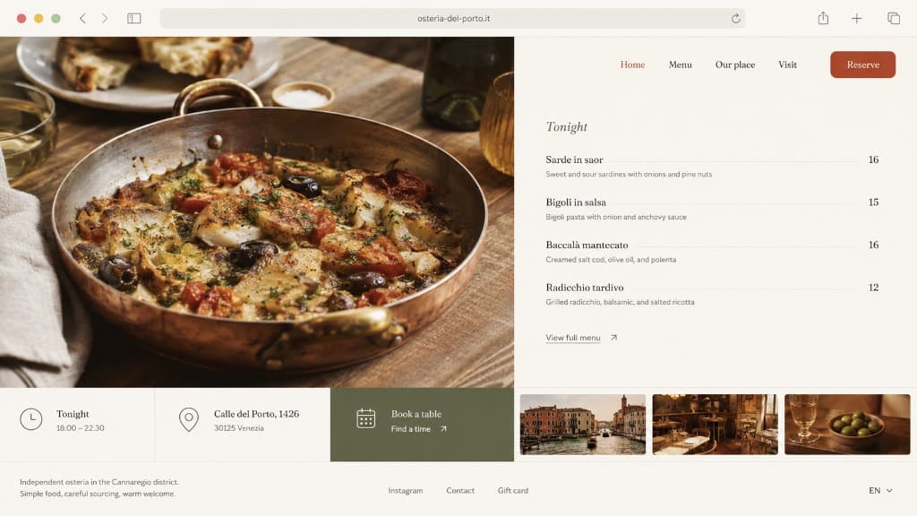 A restaurant homepage showing tonight's menu, hours, and address alongside a warm food photo.