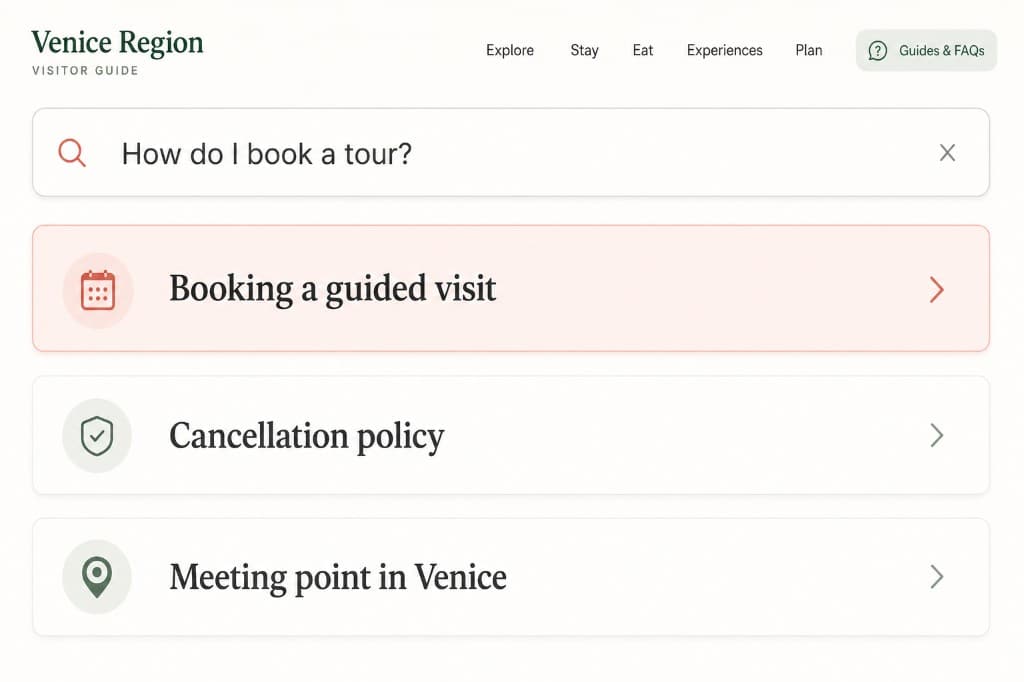 A visitor-guide site search returning the top three answers for booking a tour, cancellation, and meeting point.