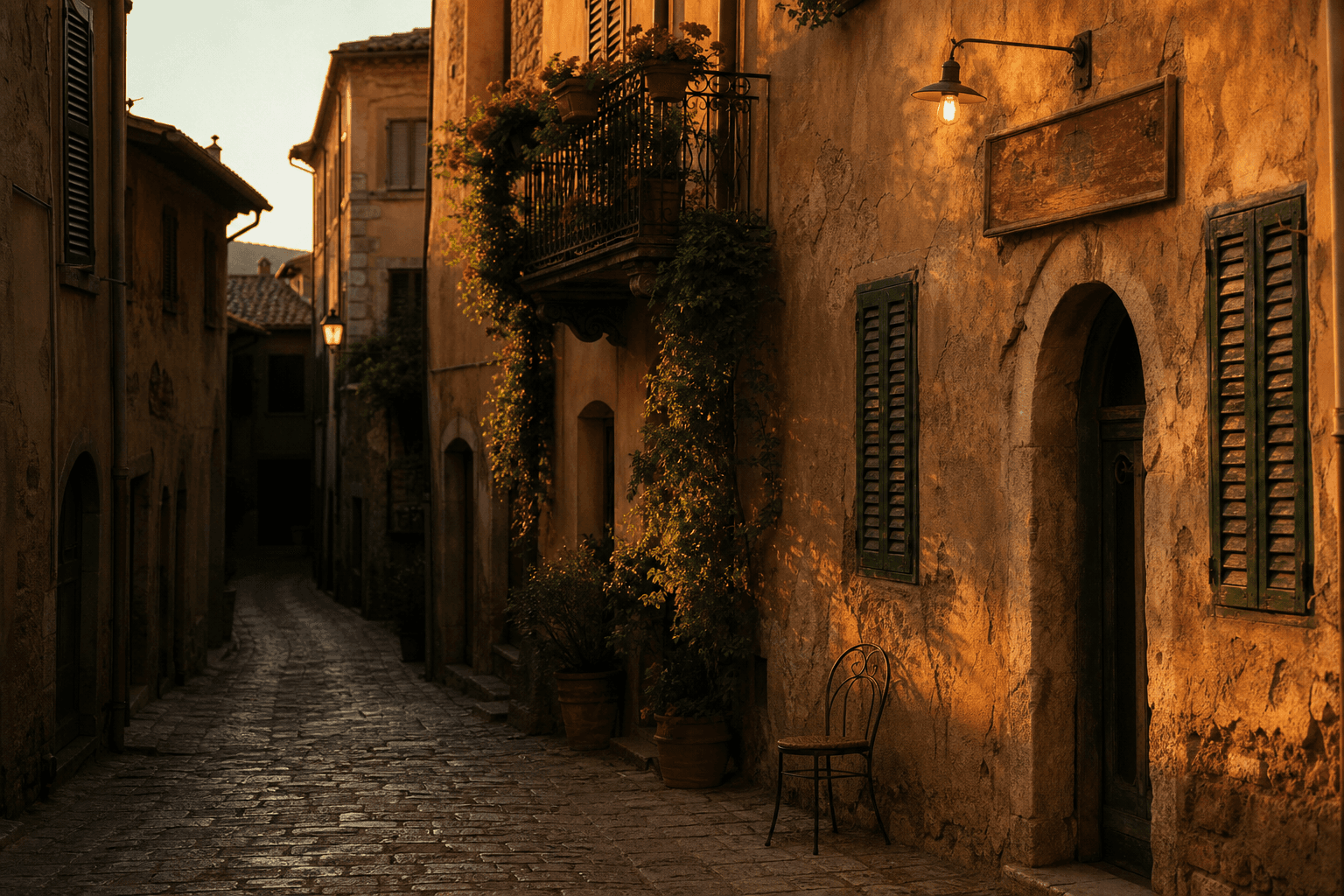 A quiet Italian backstreet at golden hour, with green wooden shutters and potted geraniums on a balcony